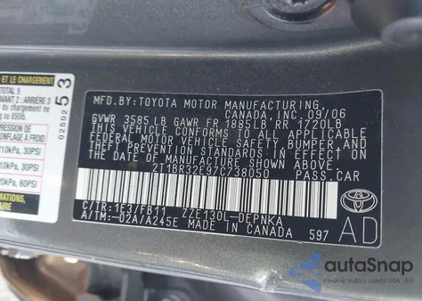 2007 Toyota Corolla Le z USA, uszkodzony, nr VIN 2T1BR32E97C738050